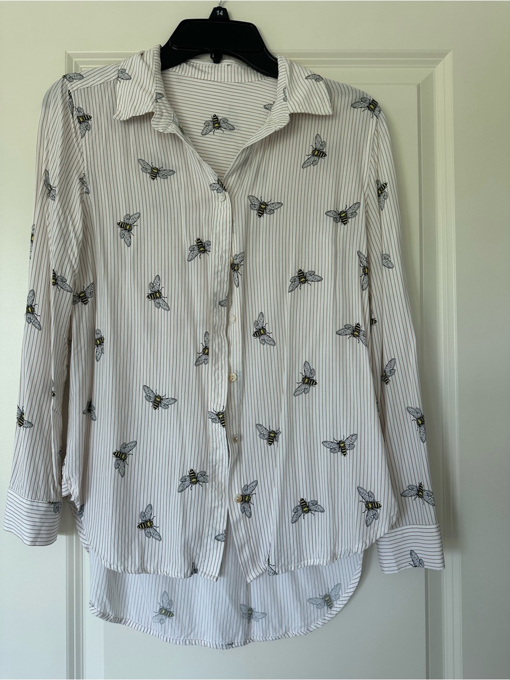 Striped Bee Print Button-Up Shirt - White with Yellow & Black Bees